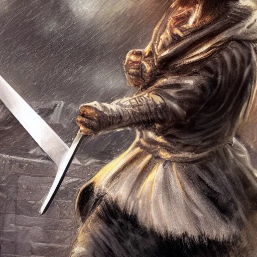 Prompt: a high detail shot of a dirty, homeless cat wielding a sword, realism, 8 k, fantasy, d & d, concept art