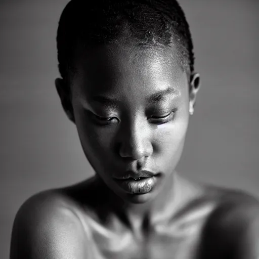 Image similar to portrait of a beautiful gorgeous black edgy model girl with short hair, bikini, she's sad, sunset, street of hong kong, 8 0 mm lens, 1. 2 aperture, kodak 5 2 1 9, grainy image, close up, cinematic light, very detailed, depressing atmosphere, cover magazine