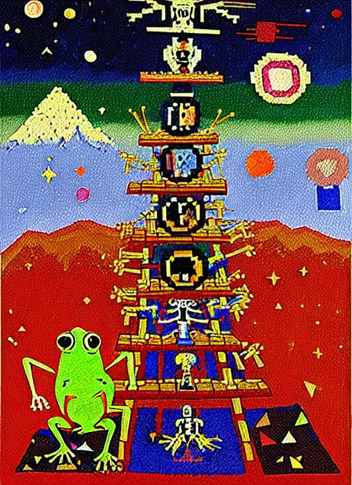 Image similar to pixel decollage painting tarot lovers card composition tower of babel road red armor maggot bear and wonky alien frog skeleton knight on a horse in a dark red cloudy night sky with golden foil jewish stars and diamonds, mountain lake and blossoming field in background, painted by Mark Rothko, Helen Frankenthaler, Danny Fox and Hilma af Klint, pixelated, neo expressionism, semi naive, pastel colors, cinematic, color field painting, cave painting, voxel, pop art look, outsider art, minimalistic. Bill Traylor painting, part by Philip Guston, Amano and Francis Bacon. art by Adrian Ghenie and Storm Thorgerson, very coherent symmetrical artwork, cinematic, hyper realism, high detail, octane render, unreal engine, Smooth gradients, depth of field, full body character drawing, extremely detailed, 8k, extreme detail, intricate detail, masterpiece