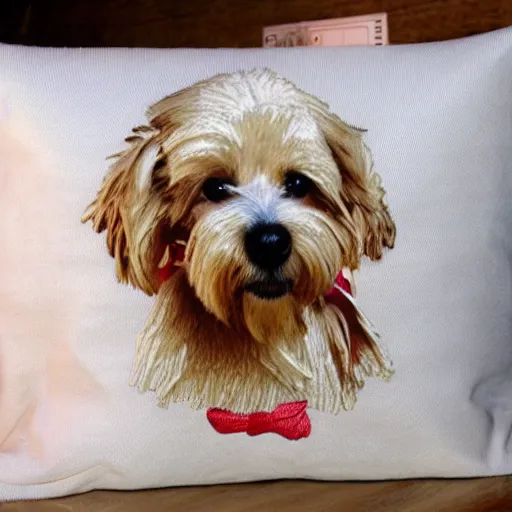 Image similar to maltese terrier embroidered on pillow, photo, realistic