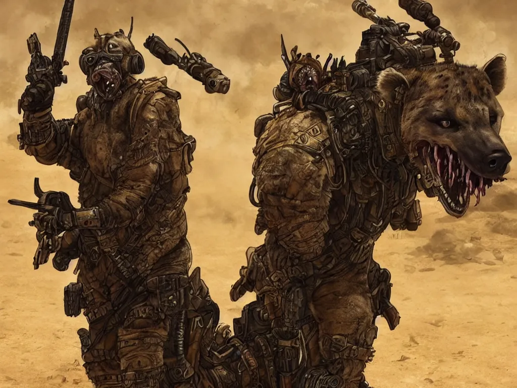 Image similar to a good ol'hyena fursona ( from the furry fandom ), heavily armed and armored facing down armageddon in a dark and gritty version from the makers of mad max : fury road. witness me.