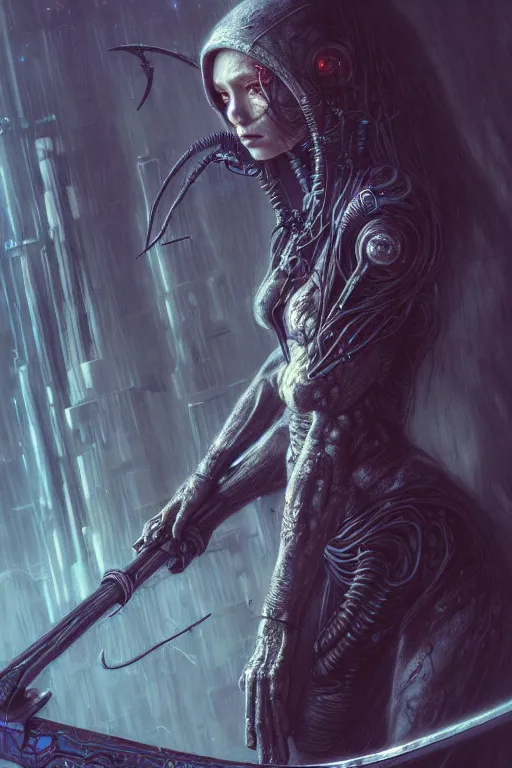 Image similar to a highly detailed long shot photo of cyberpunk female character by ayami kojima, elf, beksinski, giger, elf, wielding scythe, intricate, digital painting, artstation, concept art, smooth, sharp focus, full body