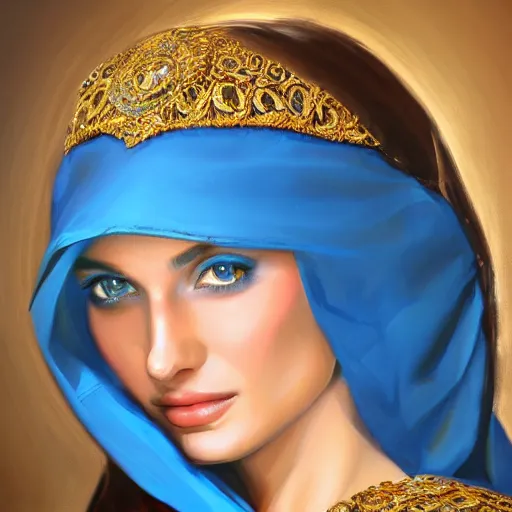 Image similar to detailed painting of a beautiful young Arab woman wearing a blue dress with veil by Stanely Artgerm, bright blue eyes, gold jewellery, long pearly wavy black hair, majestic, beauty, dramatic light, turquoise color scheme, face portrait, hyper realistic, fantasy, hdr, Trending on Artstation