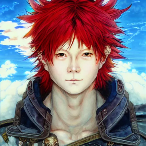 Image similar to prompt : ragnarok online portrait soft light painted by james jean and katsuhiro otomo and erik jones, inspired by akira anime, an epic fantasy comic book style portrait painting of a long haired, red headed male sky - pirate in front of an airship, intricate oil painting, high detail illustration, sharp high detail, manga and anime 1 9 9 9