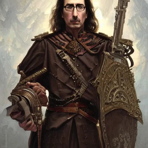 Image similar to portrait of stoic looking john oliver as the vigo carpathian painting, military uniform, fantasy, intricate, elegant, highly detailed, centered, dark, smokey, digital painting, artstation, concept art, smooth, sharp focus, illustration, art by artgerm and greg rutkowski and alphonse mucha