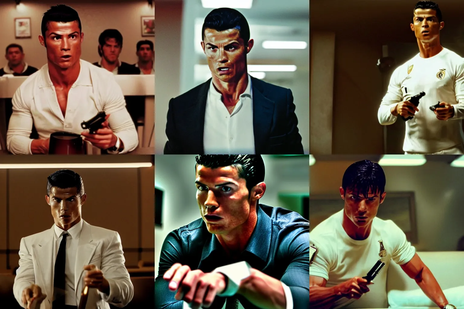 Prompt: Live Action Still of Cristiano Ronaldo in Pulp Fiction, real life, hyperrealistic, ultra realistic, realistic, highly detailed, epic, HD quality, 8k resolution, body and headshot, film still