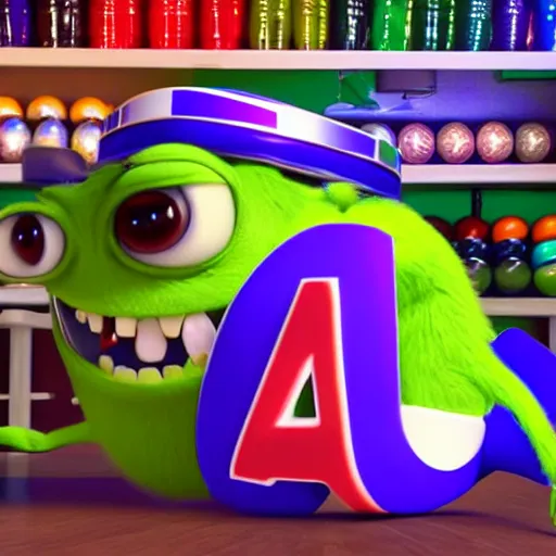 Prompt: a drawing of Mike wazowski sat inbetween a set of bowling balls, on a rack, at the bowling alley, Pixar animation, dynamic lighting, portrait, detailed, cinematic, 4k