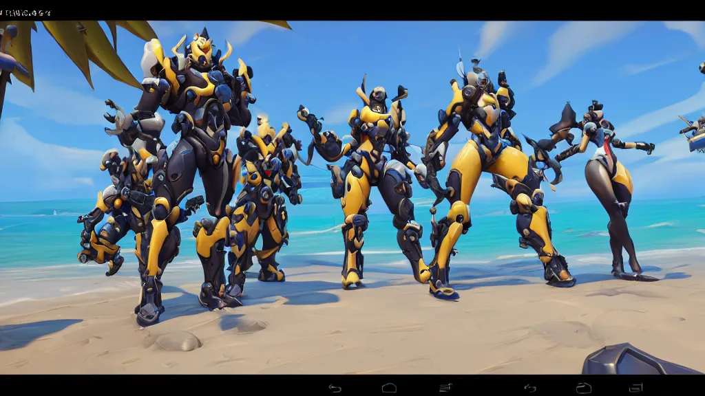 Prompt: Screenshot from Overwatch, at the beach