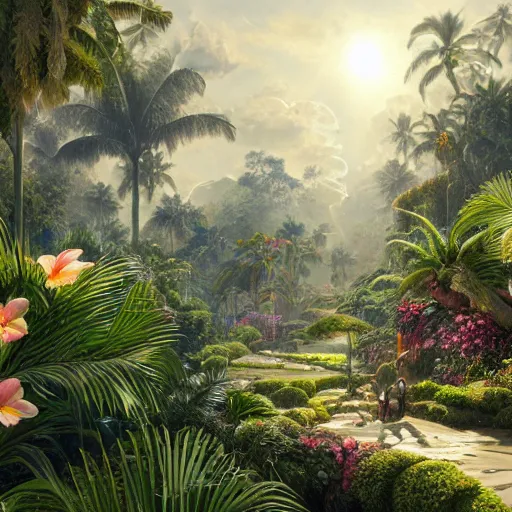 Image similar to a highly detailed matte painting of a garden hedge with tropical flowers, large palm trees, epic fantasy, god rays, ultrawide lens, aerial photography, unreal engine, exquisite detail, 8 k, art by greg rutkowski and alphonse mucha