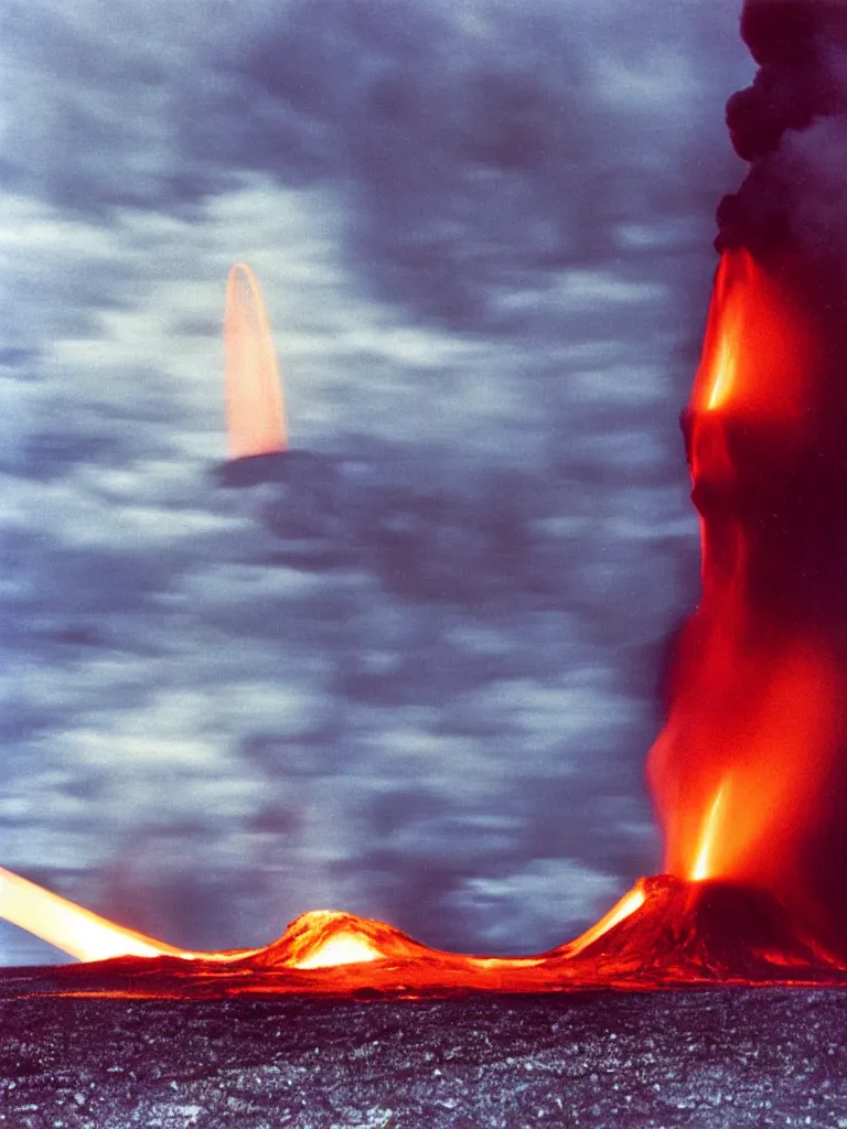 Image similar to An Icelandic Volcano violently spewing a rocket of lava into space, dark background, photograph by William Eggleston