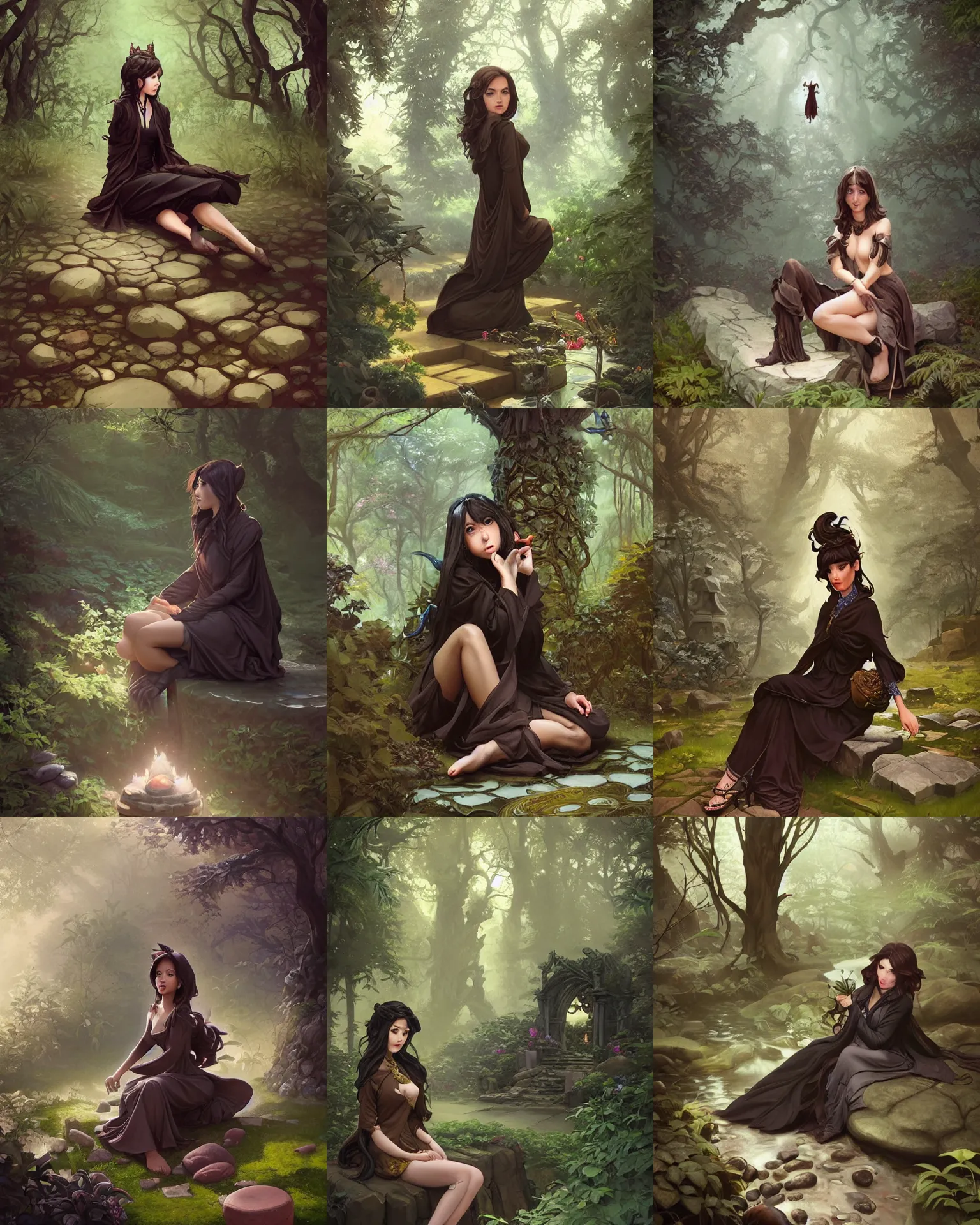 Prompt: brown black coat joghpurs sitting on the stone in sacred garden, soft light, trees, mystic fairy fantasy atmosphere deep focus, pinup pulp art, intricate, elegant, highly detailed, digital painting, artstation, concept art, matte, sharp focus, illustration, hearthstone, art by rhads and artgerm and greg rutkowski and alphonse mucha.