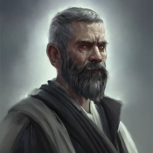 Prompt: portrait of a man by Greg Rutkowski, an old Jedi, short hair in military style, beard, wise and cool appearance, gray and black robes, Star Wars Expanded Universe, he is about 60 years old, highly detailed portrait, digital painting, artstation, concept art, smooth, sharp foccus ilustration, Artstation HQ