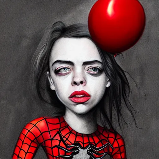 Prompt: surrealism grunge cartoon portrait sketch of billie eilish with a wide smile and a red balloon by - michael karcz, loony toons style, spider-man style, horror theme, detailed, elegant, intricate