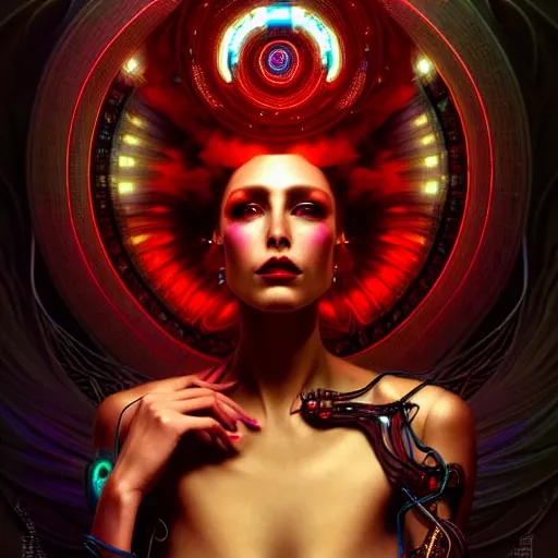 Image similar to extremely psychedelic beautiful cyborg queen of lsd infected by night. intricate, elegant, highly detailed, extremely lifelike photorealistic digital painting, artstation. steichen, gaston bussiere, tom bagshaw, cyberpunk alphonse mucha. elegant minimalism. anatomically correct. sultry. sharp focus. black, red accents. surreal lush hallucination