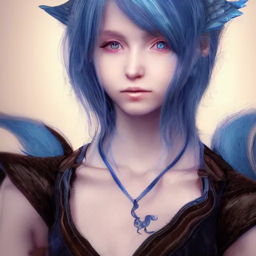 Prompt: portrait of young girl half dragon, dragon skin, dragon wings, blue hair, long hair, highly detailed 3D render, 8k, rpg concept art character, jrpg character, manga, anime, video game character, concept art, by Yoshitaka Amano