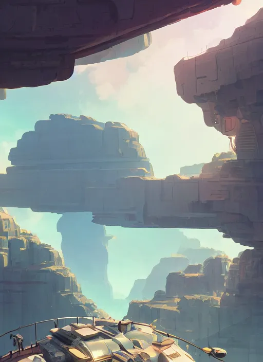 Image similar to canyon with giant gate, nuclear powered, detailed, futuristic, cory loftis, james gilleard, atey ghailan, makoto shinkai, goro fujita, studio ghibli, rim light, exquisite lighting, clear focus, very coherent, plain background