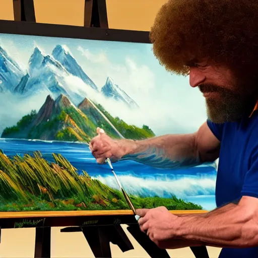 Image similar to a closeup photorealistic photograph of bob ross working on a canvas painting of aquaman. film still. brightly lit scene. mountains and trees. this 4 k hd image is trending on artstation, featured on behance, well - rendered, extra crisp, features intricate detail, epic composition and the style of unreal engine.