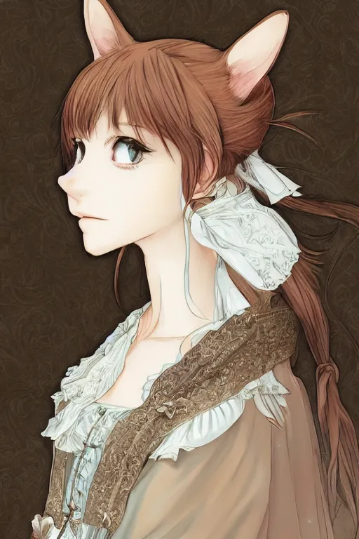 Image similar to portrait of a calico cat wearing victorian dress, fursona, furry art, anthro, detailed fur, detailed dress, delicate, pure, portrait, makoto shinkai