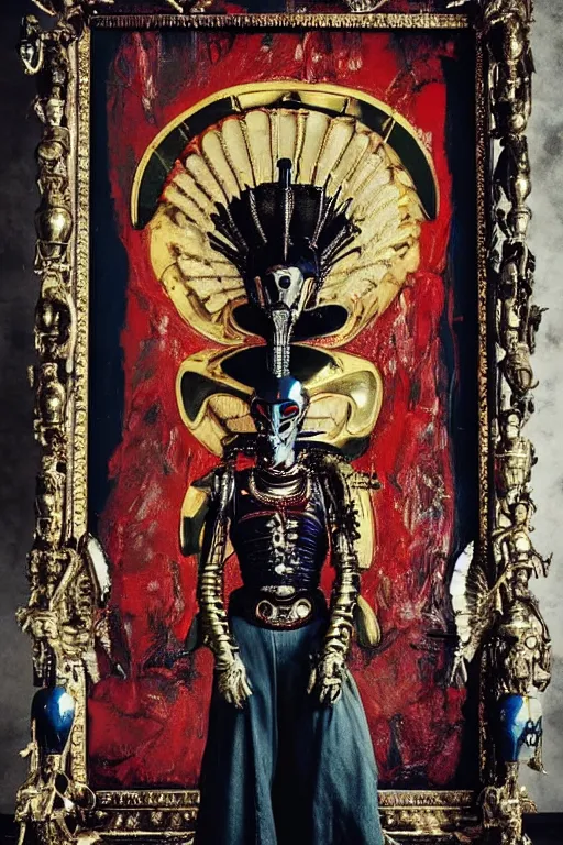 Prompt: kodachrome still symmetry frame from Alien Covenant movie by Takashi Murakami, Count Orlok wearing Polish Winged Hussars armor made with porcelain dressed by Salvatore Ferragamo and by Chanel, haute couture painted by Peter Paul Rubens and by John Baeder by Jean-Michel Basquiat, editorial fashion photography, from vogue magazine