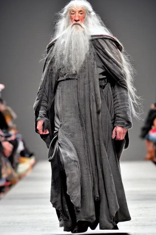 Image similar to gandalf as runway model on the catwalk, Fullbody