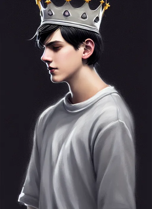 Image similar to portrait of teenage jughead jones wearing a light grey crown, photorealistic, crown, eyes closed, crown, black hair, intricate, elegant, glowing lights, highly detailed, digital painting, artstation, concept art, smooth, sharp focus, illustration, art by wlop, mars ravelo and greg rutkowski