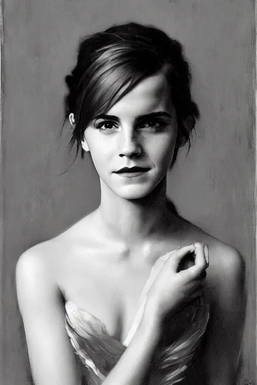 Prompt: emma watson smiling looking away detailed portrait painting by gaston bussiere craig mullins j. c. leyendecker photograph by richard avedon peter lindbergh