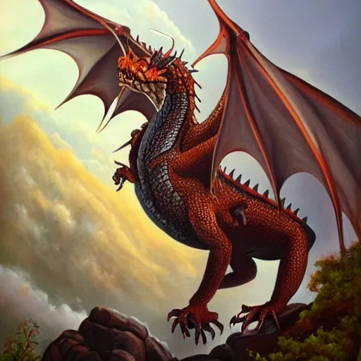 Prompt: beautiful oil painting of a dragon guarding a cave in mountain