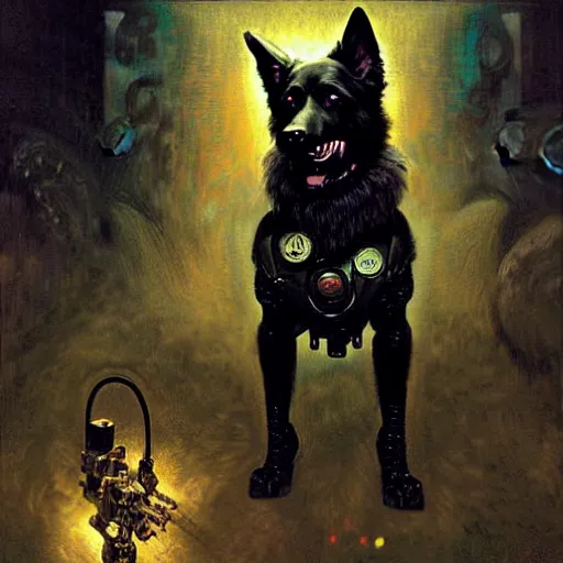 Prompt: a portrait of a black german shepard dogman canine neuromancer with human eyes furious angry holding computer console. shadowrun cyberpunk fantasy d & d highly detailed painting by gaston bussiere craig mullins jc leyendecker gustav klimt artgerm greg rutkowski