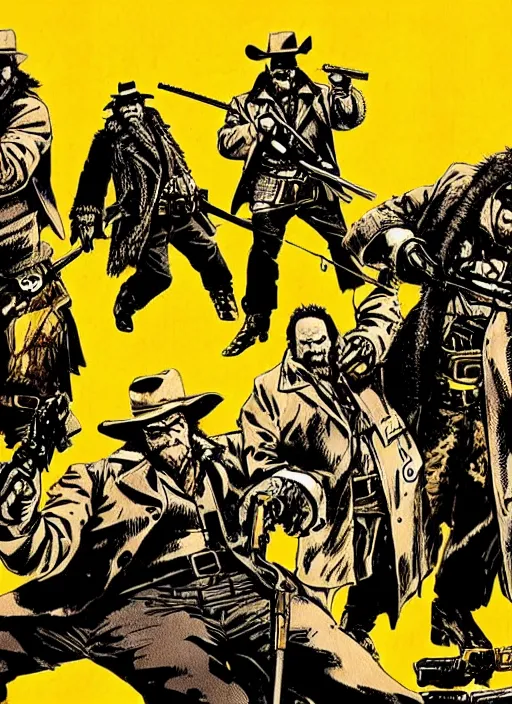 Prompt: epic action gunfight scene from The Hateful Eight by Quentin Tarantino in style by Dave Gibbons and Yoji Shinkawa, trending on artstation, details, intricate, 4k, perfect faces - W 1280