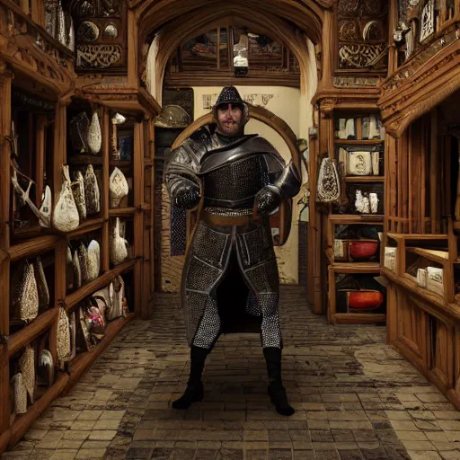 Image similar to full body portrait of Dennis hopper as a devious medieval lord in a big medieval Shop, trending on artstation, style of midjourney, unreal engine, octane render, intricate details, 8k high definition, beauriful, ornate, hypermaximalistic