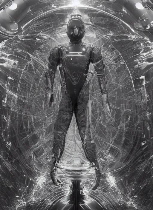 Image similar to symmetrical astronauts in dark and empty void underwater - complex and hyperdetailed technical suit. reflection and dispersion materials. rays and dispersion of light. volumetric light. 5 0 mm, f / 3 2. noise film photo. flash photography. ultra realistic, wide angle. poster by wayne barlowe, hajime sorayama aaron horkey, craig mullins