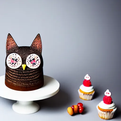 Image similar to photo of a cake, cat decoration, owl decoration, studio lighting, sharp focus