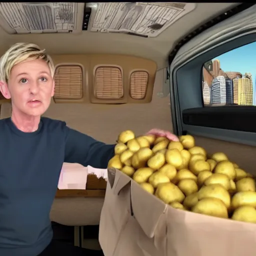 Image similar to ellen degenerates driving a potato van filled with mailmen in pittsburgh real life, 8 k, 4 k uhd, realistic, hyper realistic, super detailed, very detailed, detailed