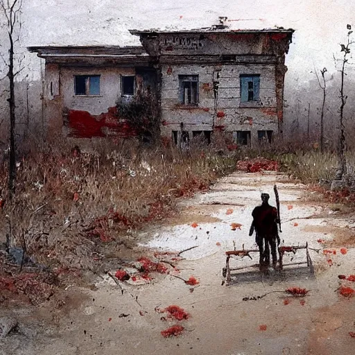 Image similar to painting by jakub rozalski of a person walking with a wheelbarrow in an abandoned post soviet town infested with root monsters