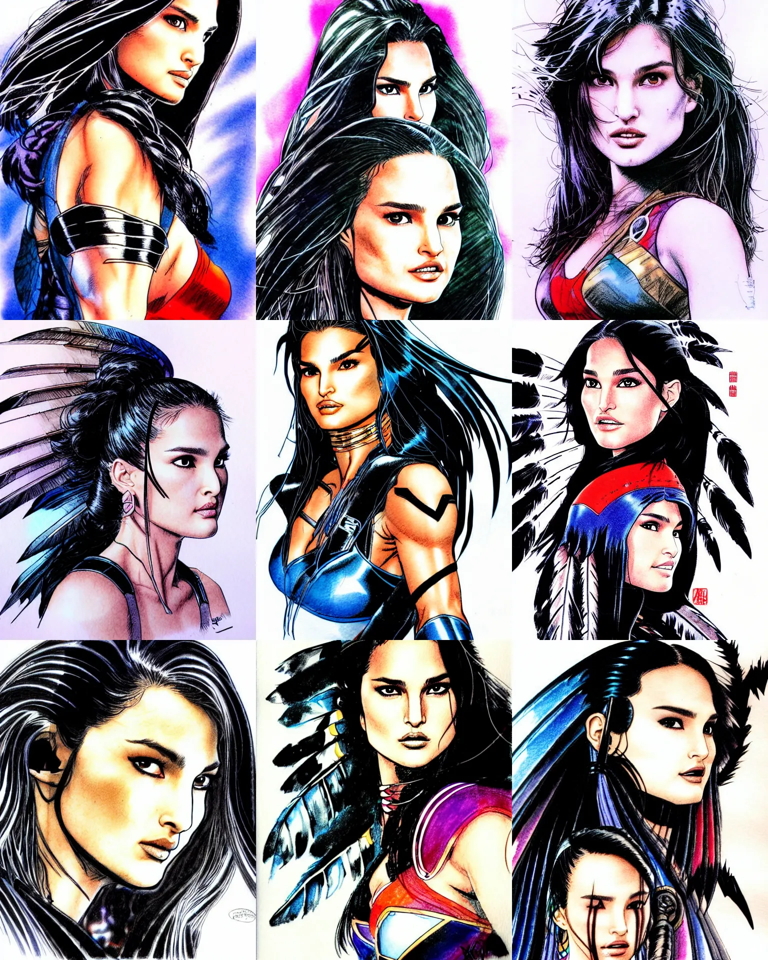 Prompt: jim lee!!! ink colorised airbrushed gouache sketch by jim lee close up macro centered sideview headshot of native indian chinese natalie portman cindy crawford with black long hair in the style of jim lee, x - men superhero comic book character by jim lee
