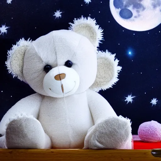 Image similar to Teddybear sitting in bed photorealistic in focus moon an stars in the background dark lighting