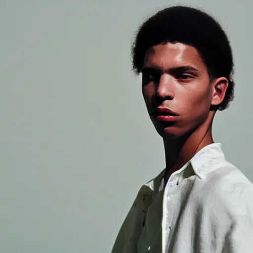 Prompt: realistic photoshoot for a loewe lookbook, color film photography, portrait of a beautiful caucasian person, in style of Tyler Mitchell, 35mm, graflex