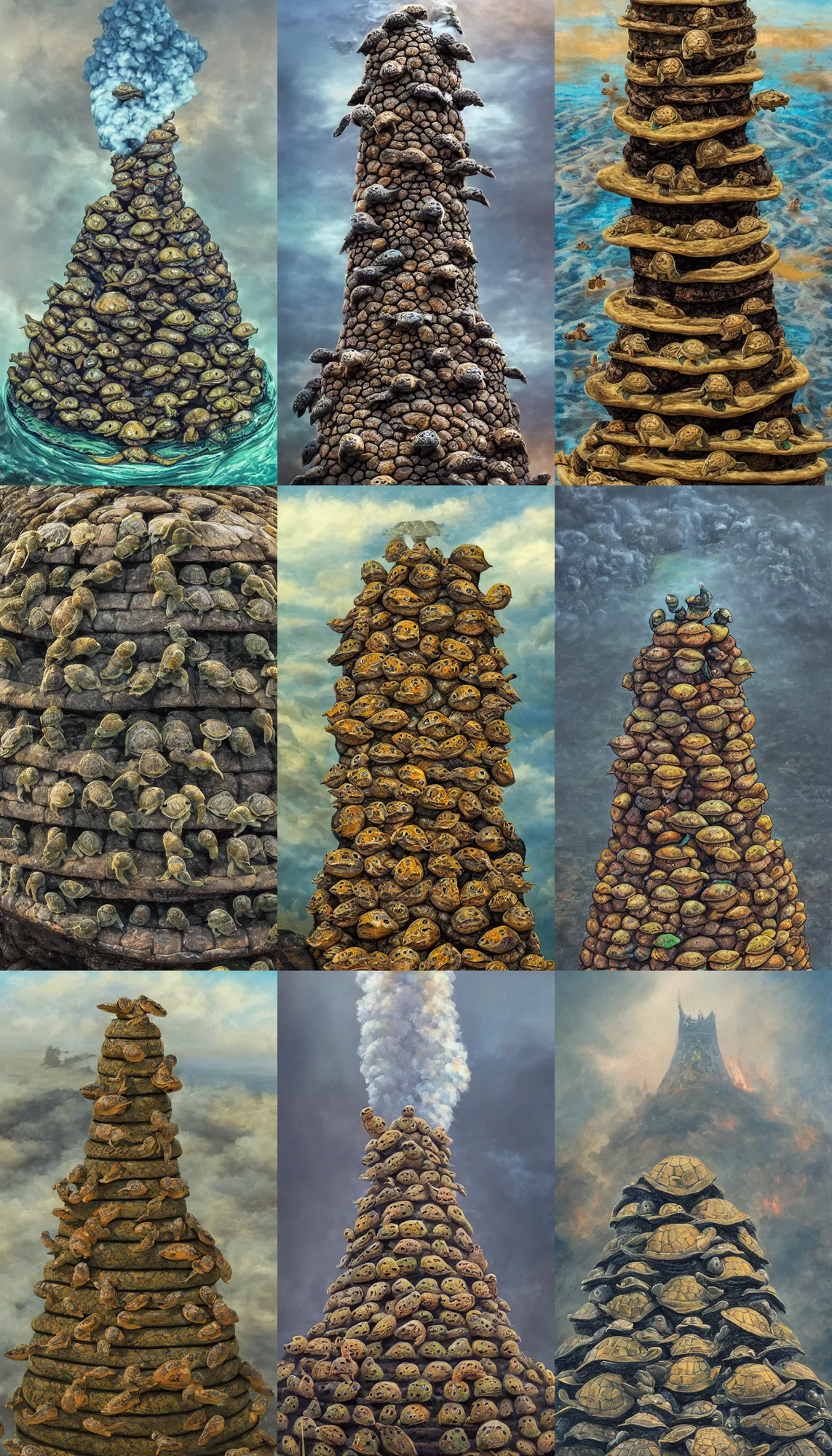Prompt: a tower of turtles stacked on top of each other, water dripping, mist and smoke, lava, oil painting, detailed, wide angle, extreme angle, looking down from top of tower, extreme perspective