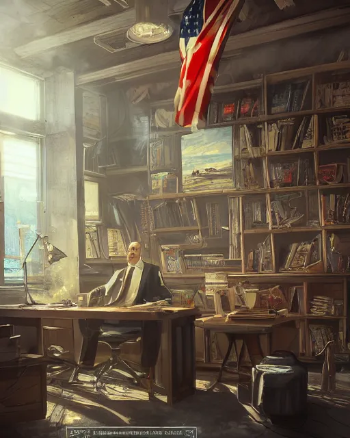 Image similar to artstation scifi scene of a weasel in suits drinking tea ， in an shabby office, wooden, furnitures ， many brocade flags summer unreal engine 5, hyper realism, realistic shading, cinematic composition, blender render, octane render, hdr, detailed textures, photorealistic, wide shot