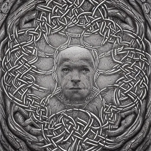 Image similar to Intricate and highly detailed Celtic Knotwork etched in an ancient tree, intricate, highly detailed, fullbody, artstation, dark fantasy, concept art, smooth, sharp focus, illustration, art by greg rutkowski and orientalism and bouguereau and Zdzislaw Beksinski, good clear quality, lighting, biology, symmetrical artwork, 135 mm, cinematic, hyper realism, high detail, octane render, 8k, chrome accents