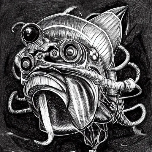 Prompt: detailed steam punk anglerfish bw drawing