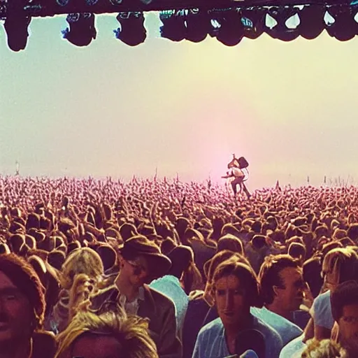 Prompt: a 70mm colour photograph of McFly playing a gig to a ((small crowd)) on a pale pink beach in the metaverse. There are semi transparent speakers on either side of the stage. Morning sun, haze, framed like a still from a Wes Anderson movie. McFly are pictures on a large dot matrix screen.