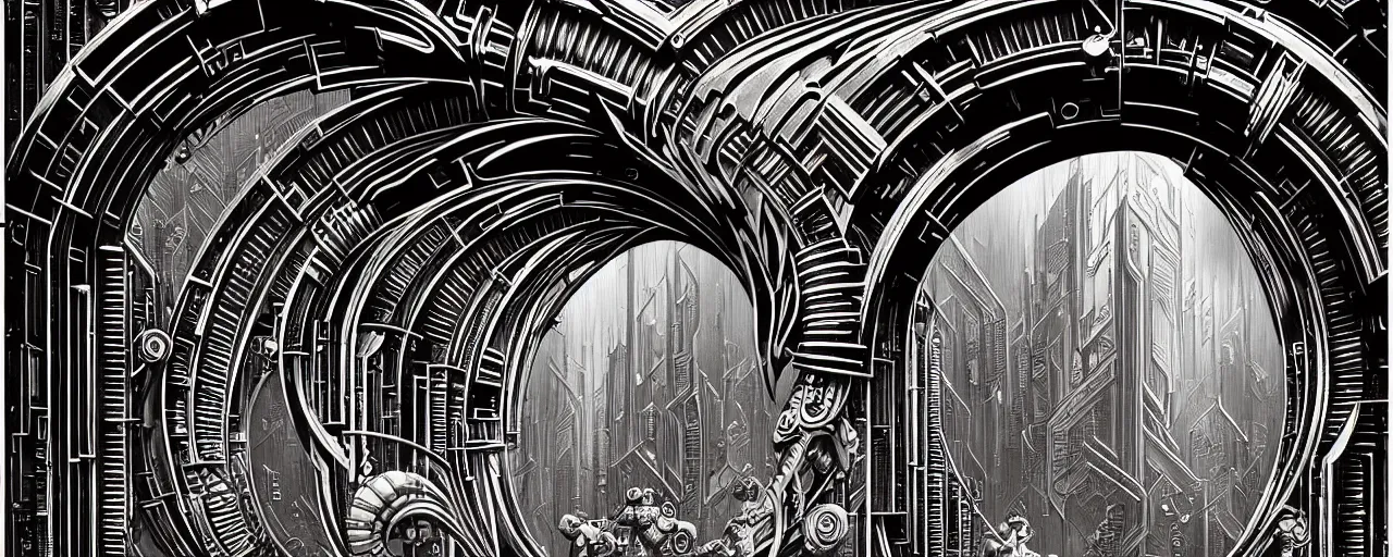 Prompt: a double helix dna cyberpunk steampunk stone carved archway, art deco high details, lineart, by vincent di fate and joe fenton, inking, screen print, masterpiece, trending on artstation, sharp, high contrast, hyper - detailed, ultrawide, hd, 4 k, 8 k