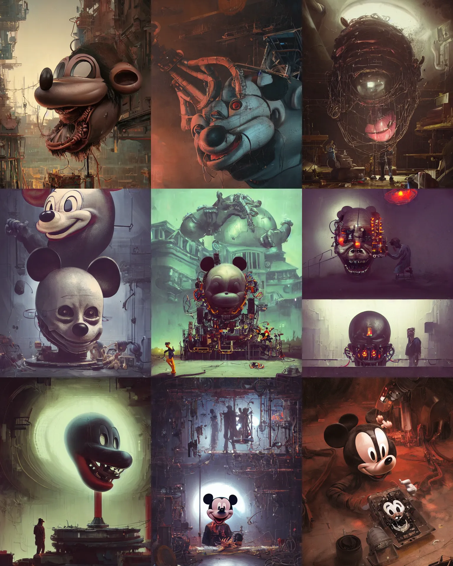 Prompt: mechanics repair the giant severed head of evil supreme animatronic leader mickey mouse, detailed concept character art facial portrait by thomas cole, greg rutkowski, rhads, junji ito, simon stalenhag, beeple, archillect, soft volumetric lighting, rendered in cryengine, by liam wong, creepy, renaissance painting, dramatic action pose