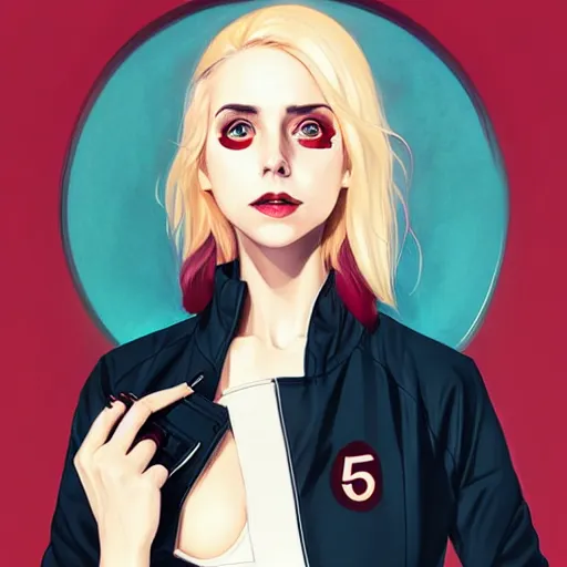 Prompt: loish, artgerm, Joshua Middleton art, pretty female Alison Brie serial killer holding bloody knife in right hand five fingers, blood on clothes and face, sarcastic smile, symmetrical eyes, symmetrical face, full body, jean jacket, jeans, short blonde hair, middle shot, night time, deep blacks