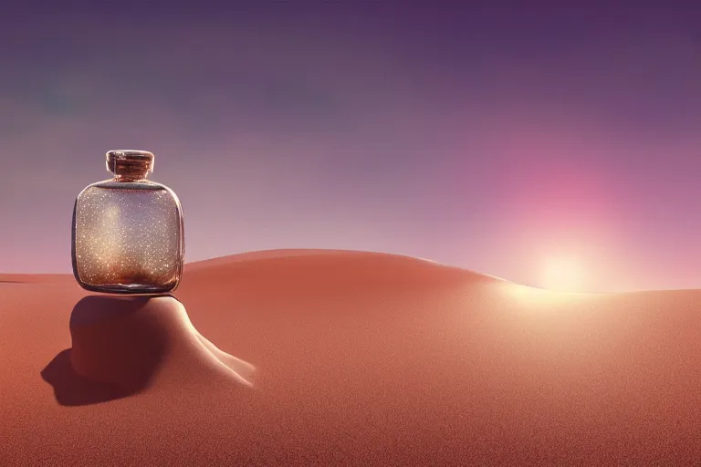 Prompt: perfume bottle buried in glittering oasis in the middle of a desert with soft skies, silky smooth, dramatic, mid day, sand dune background, large scale, wind - swept, lots of detail, realistic lighting, octane render, by wlop, artgerm, trending on artstation