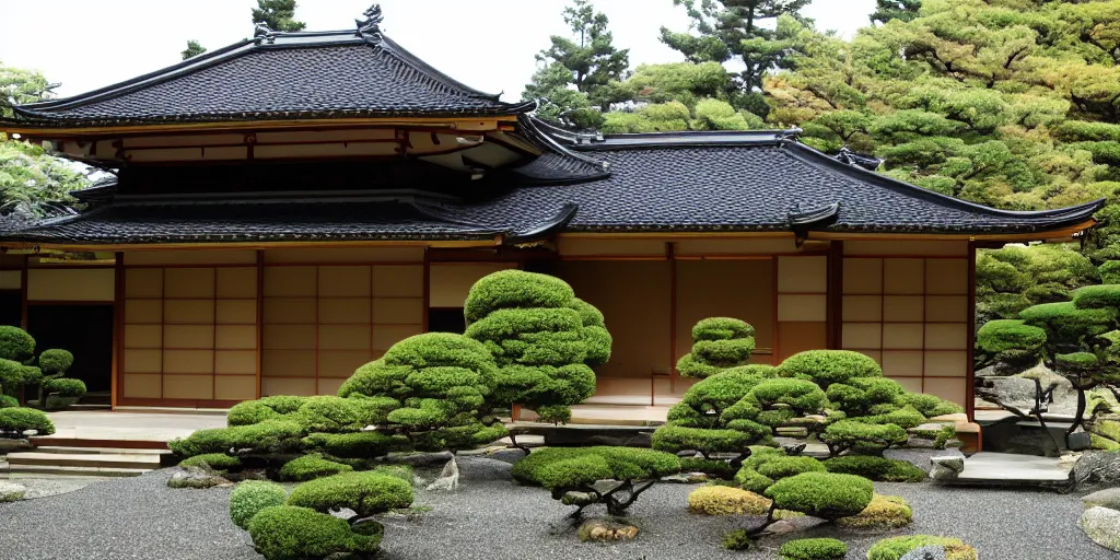 Prompt: large residence, japanese style, flared japanese black tile roof, cascadian, elegant