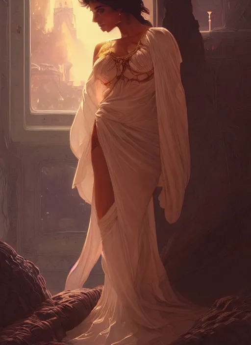 Image similar to cute brown woman wearing a transparent night gown, fantasy, intricate, highly detailed, digital painting, artstation, concept art, wallpaper, smooth, sharp focus, illustration, art by artgerm and greg rutkowski and alphonse mucha