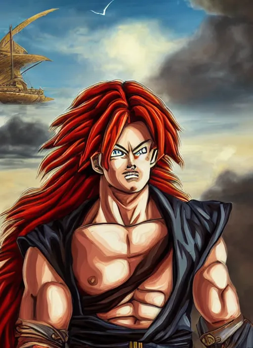 Prompt: epic fantasy portrait painting of a long haired, red headed male sky - pirate in front of an airship in the style of the dragonball