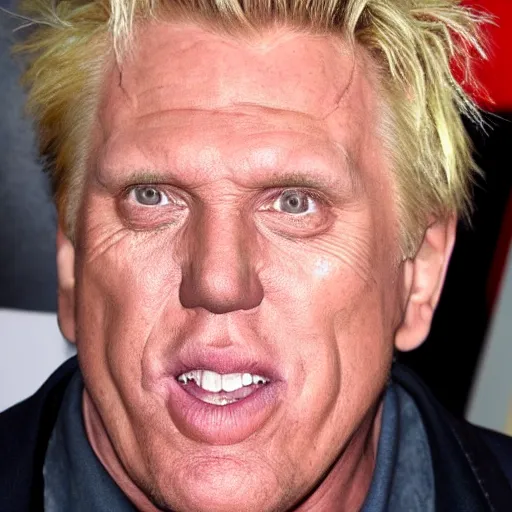 Image similar to Gary Busey symmetrical face, headshot, sad